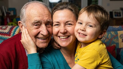 Smiling multigenerational family hugging cheek to cheek on living room sofa