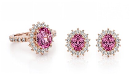 Pink gemstone jewelry set with diamond accents, including a ring and earrings, featuring an oval pink stone surrounded by smaller diamonds.