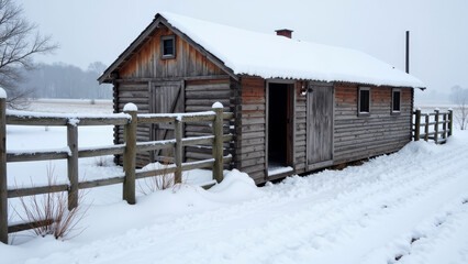 Detailed rustic Snow Covered Goat Pen with frosted wooden fences and natural winter textures under an overcast sky creating an authentic cold rural atmosphere