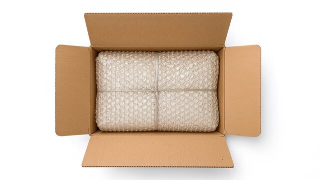 Open cardboard box with bubble wrap inside, ready for shipping or storage. Packaging, shipping, protection, box, bubble wrap, open.