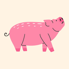 Cartoon pig vector illustration. Standing farm animal. Hand drawn kids design.