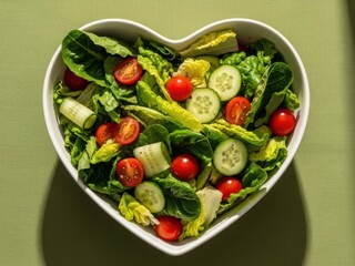 A heart shaped bowl filled with a vibrant and healthy fresh salad