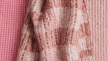 Close-up of a pink knitted fabric and a pink and beige yarns pattern. Textured woolen material. Warm and cozy textile. The image focuses on knitting and textile design.