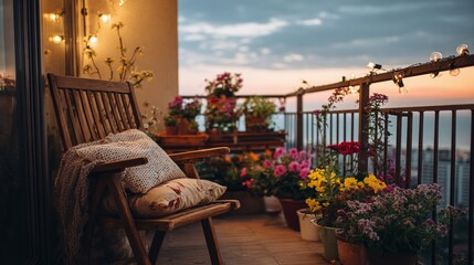 Fototapeta premium Balcony bliss at sunset. A cozy wooden chair with pillows invites relaxation amidst vibrant flower pots and soft, ambient string lights, creating an enchanting outdoor space.