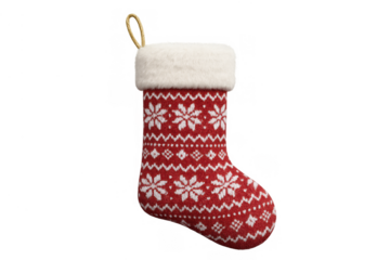Red knitted christmas stocking with white snowflake pattern and fluffy cuff, celebrating winter holidays and traditions