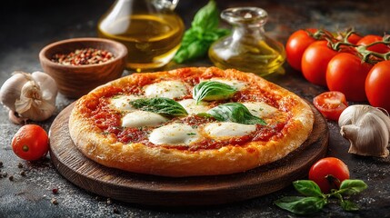 Savor an authentic pizza with fresh mozzarella, tomato sauce, and fragrant basil leaves. A culinary masterpiece on a rustic wooden board with ingredients.