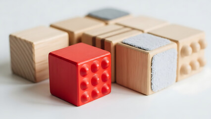 Abstract Arrangement of Wooden Blocks and One Red Cube with Circular Indentations