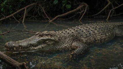 Obraz premium Crocodile resting in water surrounded by branches and greenery, with the number 1954.