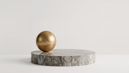 A gold sphere on a marble pedestal with a neutral background. Modern decorative object and design. Minimalist art piece.