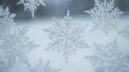 Close-up of snowflake snow pattern on glass or window with other snowflakes in the background. Winter, cold, and frosty weather. Snow and ice theme. The concept of winter and snow.