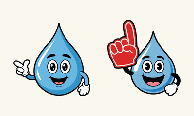 Happy cartoon water drops with foam finger and pointing.