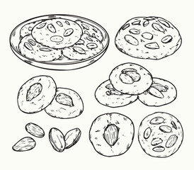 Isolate hand drawn various kind of Almond cookies outline drawing line art illustration