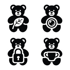 Set of four black teddy bear icons with symbols silhouette
