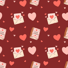 Seamless Valentine&rsquo;s Day pattern with love letters, hearts and romantic books on deep red background. Cute design for wrapping paper, textiles, greeting cards, stationery and love themed products