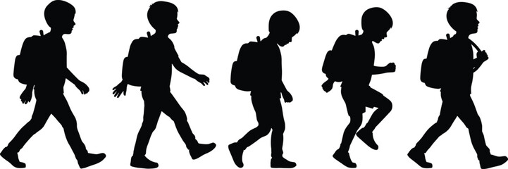 Silhouette collection of school children walking with backpacks, kids in motion going to class, black vector illustration for education, learning and design projects
