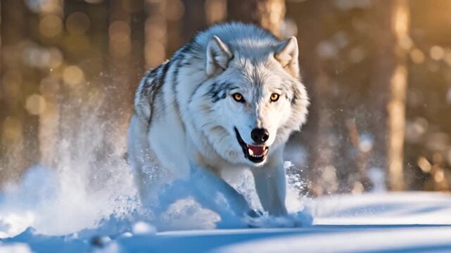 Close-up action shot of wolf growling and attacking in icy woodland environment.