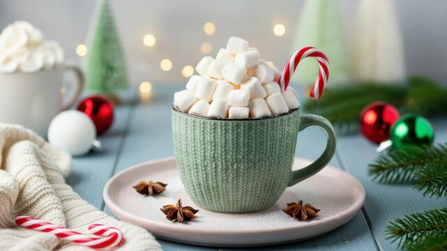 Festive Delight: A ceramic mug filled to the brim with a comforting drink, adorned with marshmallows and a candy cane, evoking warmth and joy.