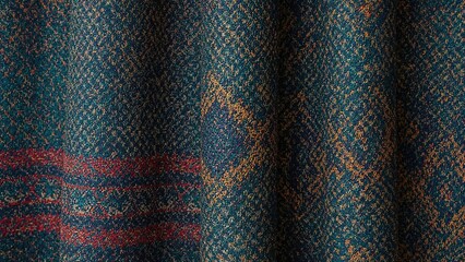 Close-up of patterned fabric with textured weave and multicolored threads.
