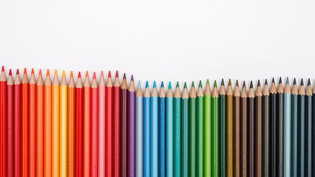 A row of colored pencils arranged in a gradient pattern from red to black.