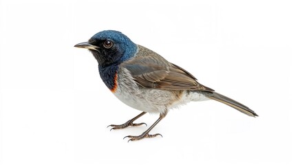 Obraz premium A small bird with a blue head, orange-brown patch on the neck, grayish body, and long tail, standing against a white background.