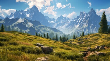 Obraz premium Majestic mountains rising above golden meadows.