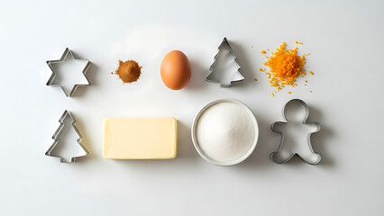 Top-view arrangement of Christmas baking ingredients with cookie cutters and festive spices on a light background.