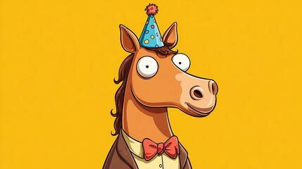 Animated horse is celebrating his birthday with a party hat and bow tie. The horse is wearing a sport jacket on a sunny yellow background, for a funny vibe.