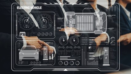 Explore a modern electric vehicle dashboard featuring infographics that highlight battery life,...