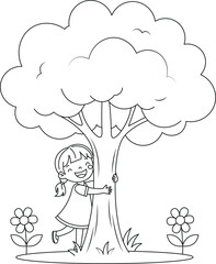 Children's coloring book line art of a girl hugging a tree