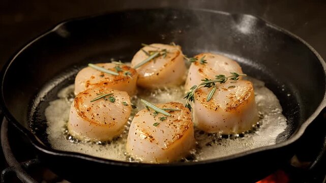 Sizzling sea scallops cooking in rich foaming butter garnished with fresh thyme and rosemary sprigs inside a dark cast iron skillet ready for dinner