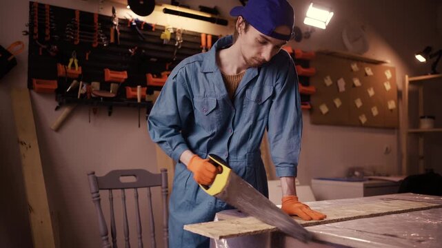 craftsman gloved hands meticulously cutting a piece of rough OSB board using a traditional sharp hand saw in a carpentry workshop.