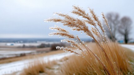 A field of tall grass with frost on the tips. The grass is brown and the sky is cloudy