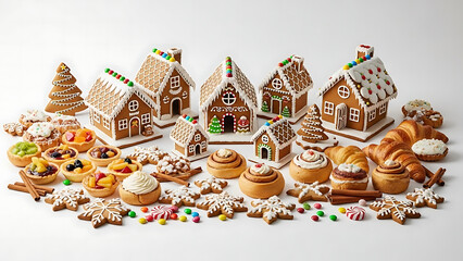 A festive display of gingerbread houses and assorted Christmas cookies arranged in a decorative holiday layout.
