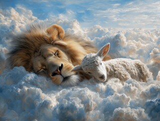 lion and lamb resting in clouds