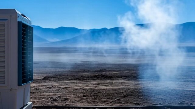 HVAC heat pump releases white steam dispersing over desert basin landscape.
