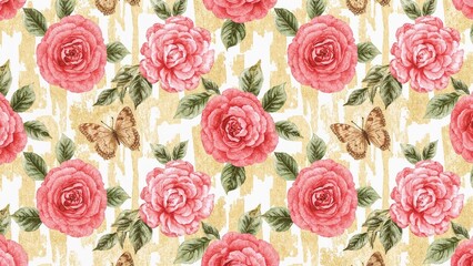 Pattern with pink roses, green leaves, and butterflies on a beige background. Nature-inspired floral design. Bright and decorative botanical motif.