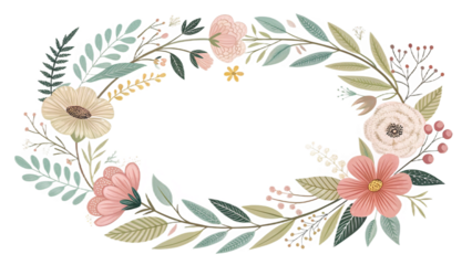 “delicate botanical circle wreath, hand-drawn leaves and flowers, soft natural colors, clean vector illustration, isolated transparent background, perfect for invitations”