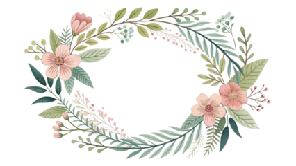 “delicate botanical circle wreath, hand-drawn leaves and flowers, soft natural colors, clean vector illustration, isolated transparent background, perfect for invitations”