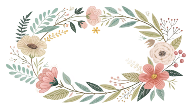 “delicate botanical circle wreath, hand-drawn leaves and flowers, soft natural colors, clean vector illustration, isolated transparent background, perfect for invitations” - Powered by Adobe