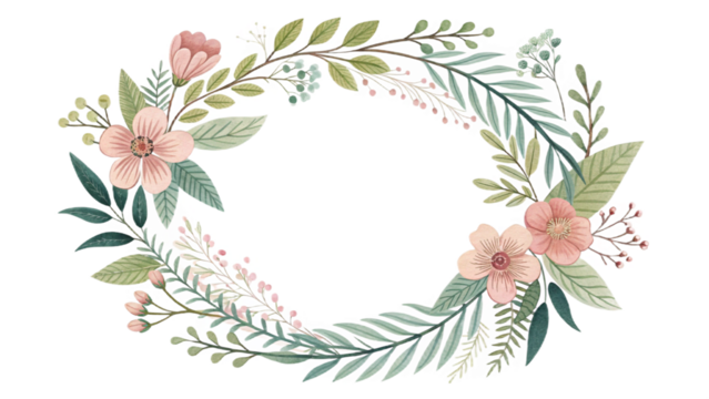“delicate botanical circle wreath, hand-drawn leaves and flowers, soft natural colors, clean vector illustration, isolated transparent background, perfect for invitations” - Powered by Adobe