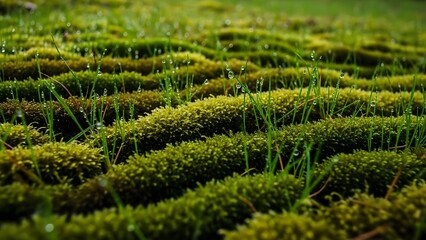 Textured carpet of vibrant green moss undulating across the ground, featuring tiny blades of grass, highlighting the intricate details of nature's growth and organic patterns