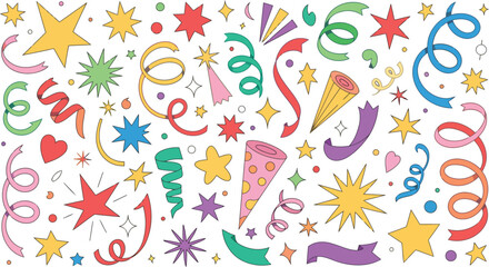 Celebration Icon Set &ndash; Stars, Streamers, Confetti, Hearts & Party Poppers in Colorful Festive Style