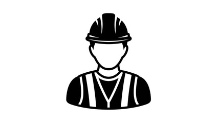 Black and white icon of a construction worker wearing a hard hat and safety vest, representing labor and safety.