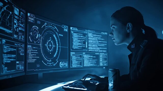 Professional analyst working late night on a dark control room keyboard monitoring complex data interfaces and digital security systems