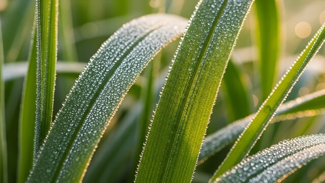 Close-up of lush green grass blades glistening with morning dew, bathed in soft sunlight - Powered by Adobe
