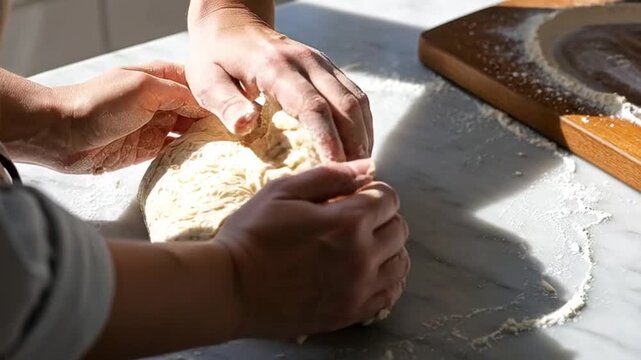 Hands Kneading Dough Close Up Sunlight Kitchen Baking Process Footage