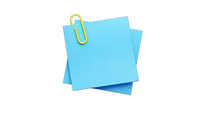 Blue Sticky Notes Held Together by a Yellow Paperclip on White