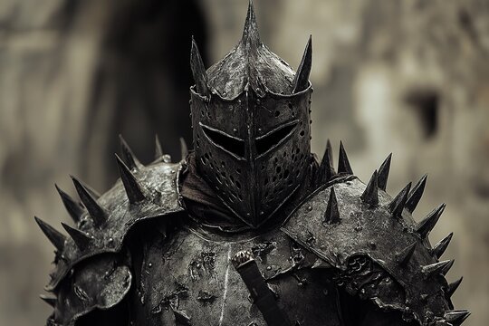 dark medieval armor with spikes and menacing helmet design