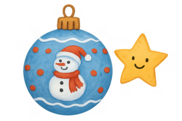 Christmas ornament with snowman and star icon, festive winter season decoration, watercolor illustration with transparent background