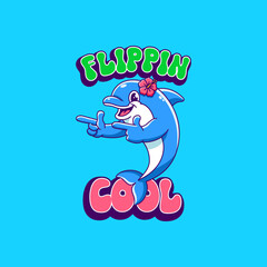 Cute Cartoon dolphin summer Vector illustration hand drawn